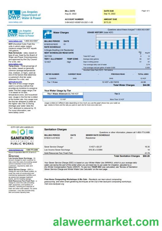 USA LA DWP utility bill template in Word and PDF format